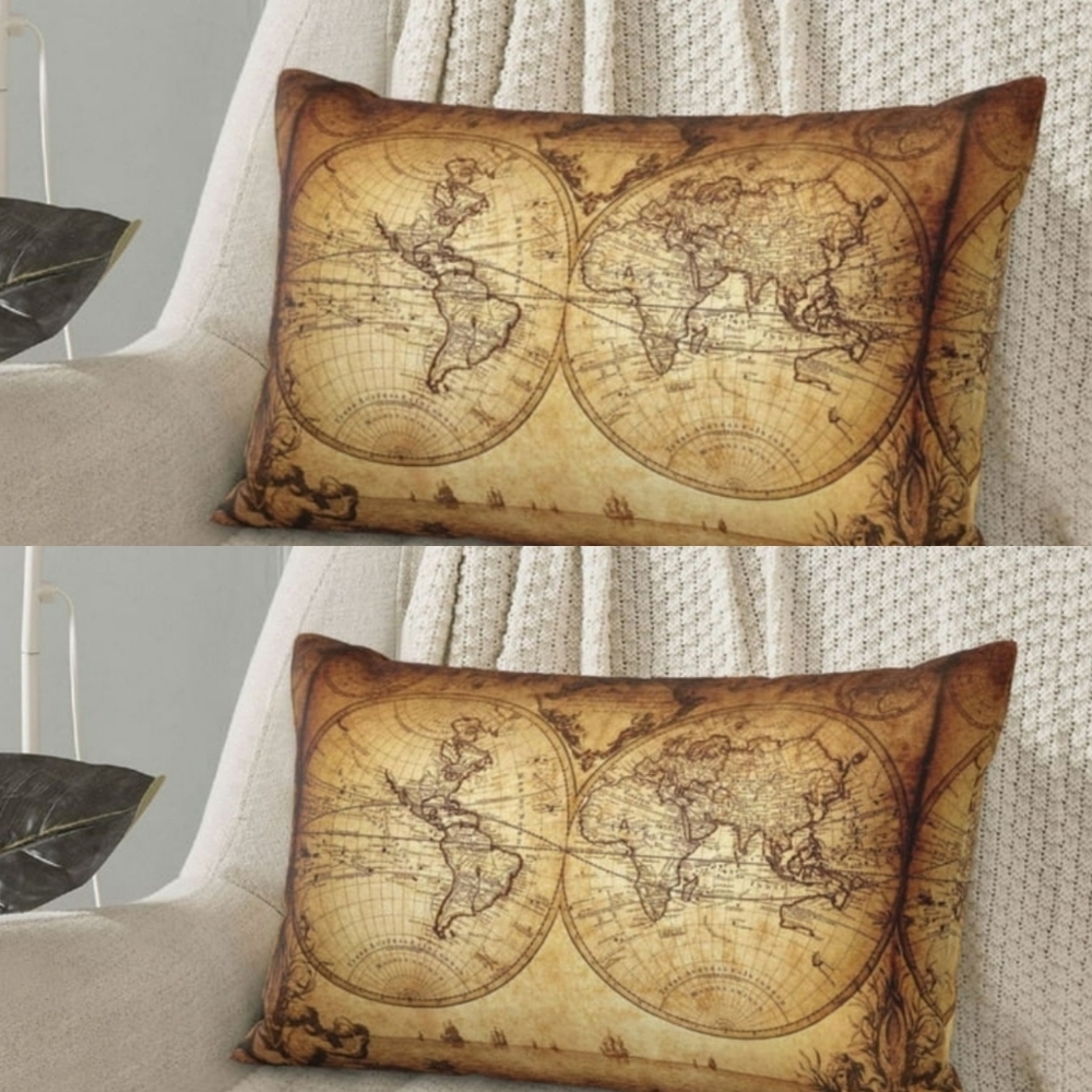 Set of 2 Vintage World Map Cotton Pillowcases 29x19 Travel Explorer Decor